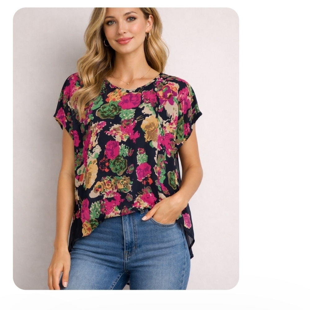 Anthropologie Maeve Silk Floral Top Black Pink Green Size 8